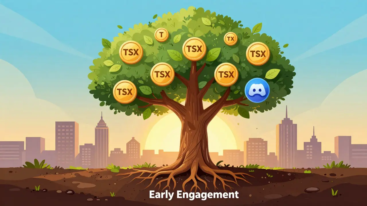 Digital tree with TSX token leaves representing user activities, rooted in blockchain and glowing with sunrise.