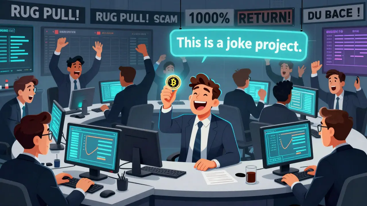 Investors frenzy over crypto charts while one person calmly holds a SCAM token, laughing at the chaos.
