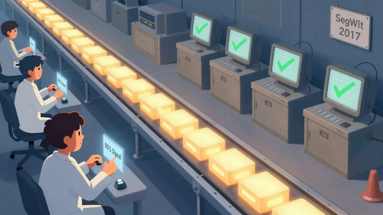 Miners activating a soft fork while old nodes calmly validate new blocks on a conveyor belt.