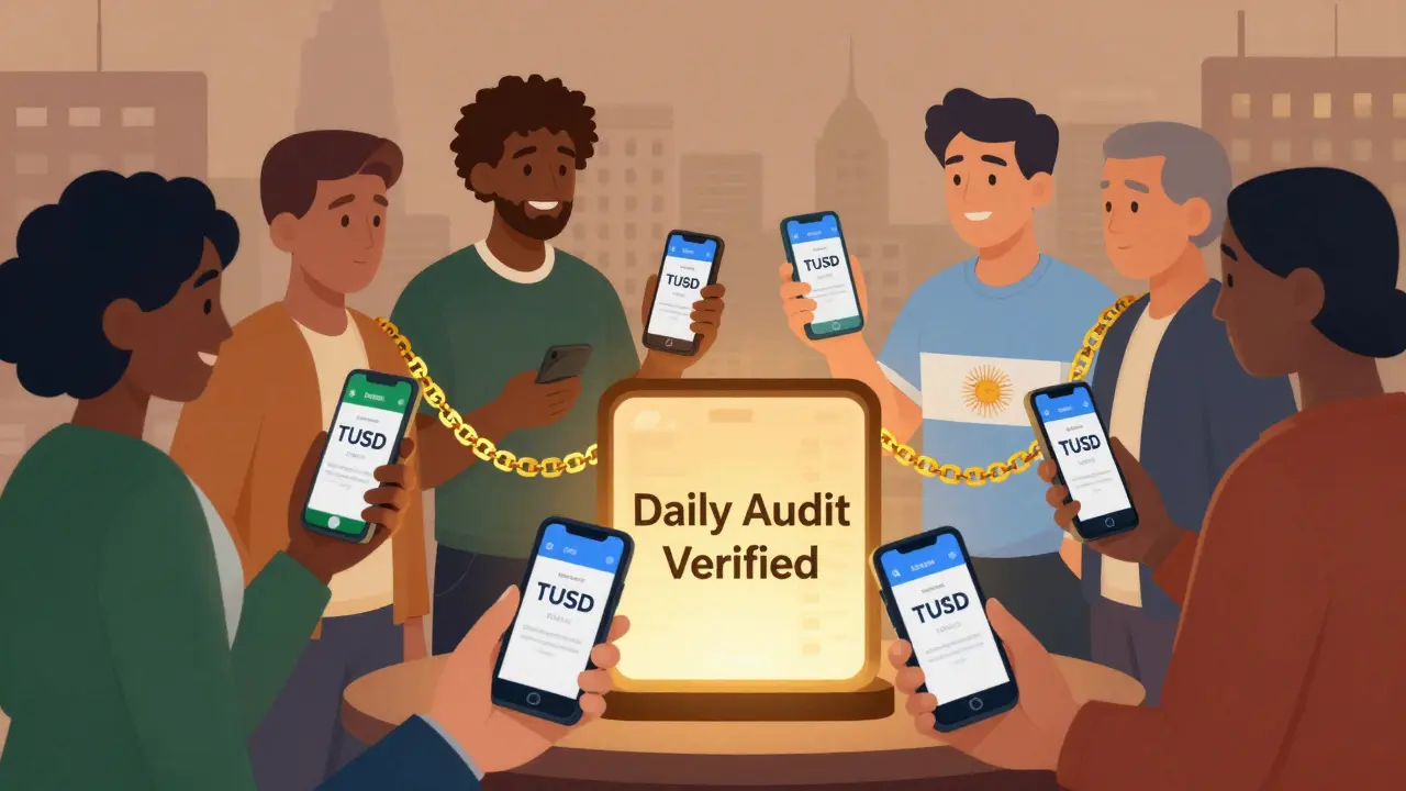 People from different countries holding phones with TUSD balances connected to a glowing daily audit ledger.