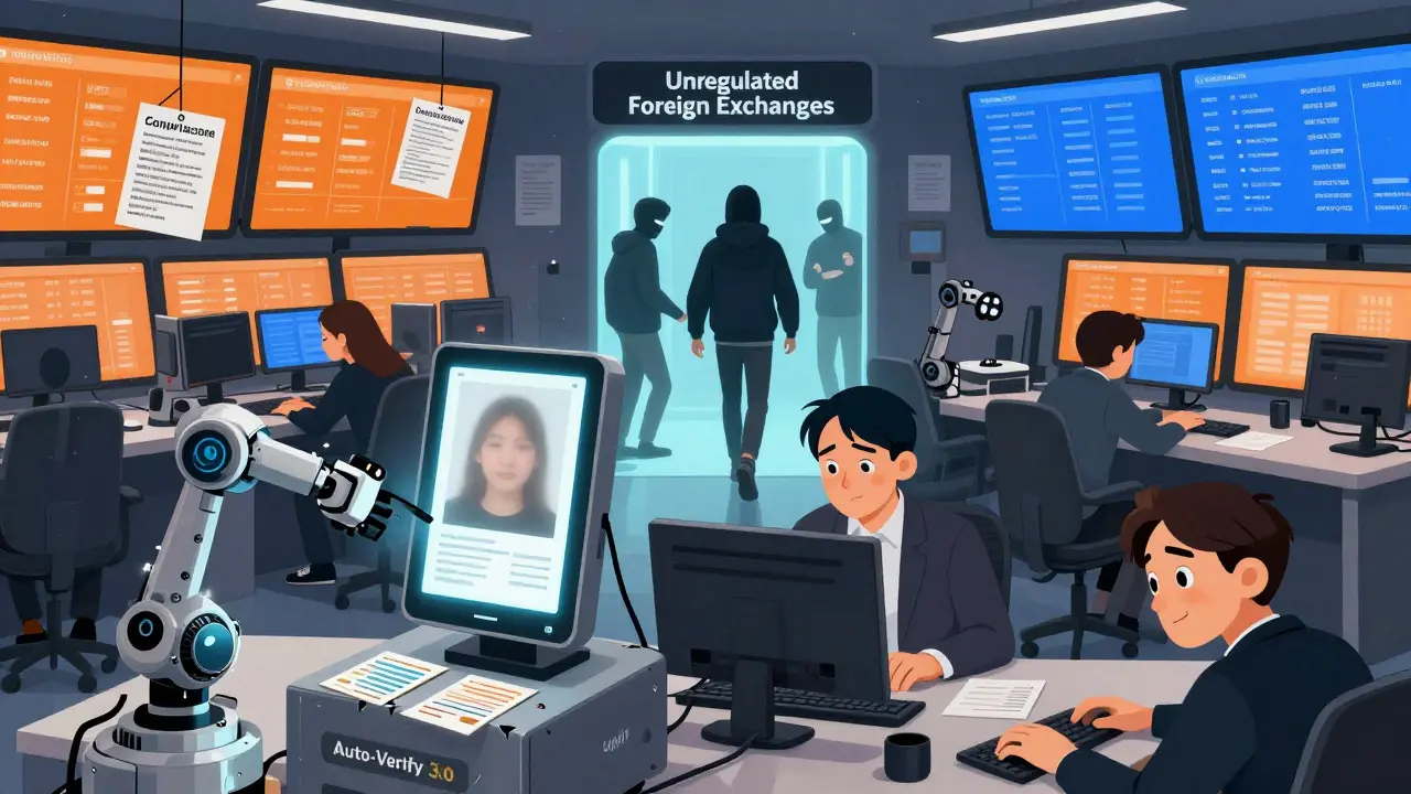 Robots scan blurry IDs on a broken system while criminals slip through a hidden portal to foreign exchanges.