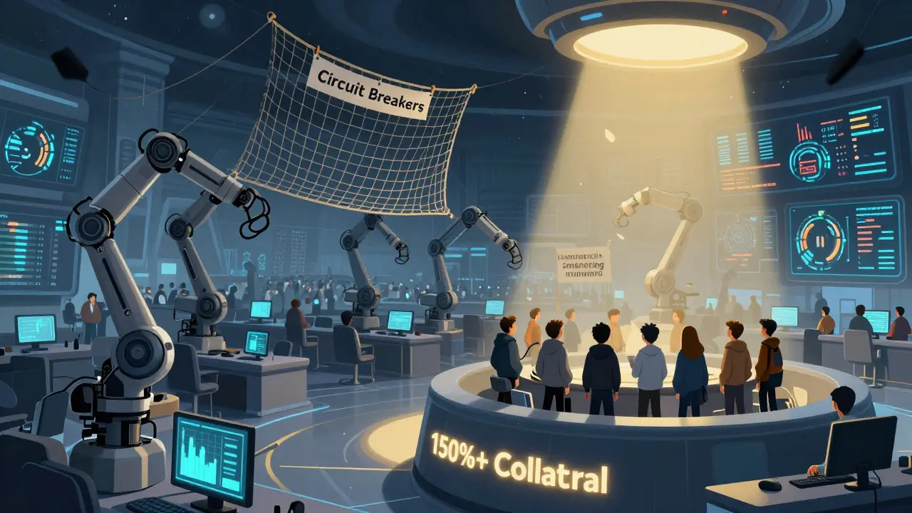 Savvy traders safe on high platform as safety nets deploy below chaotic market collapse.