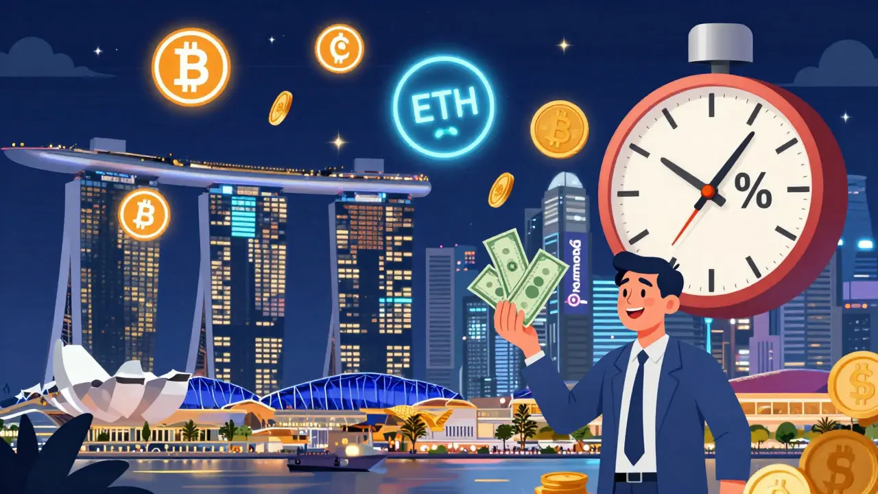 Singapore skyline with glowing crypto symbols and 0% tax clock at night
