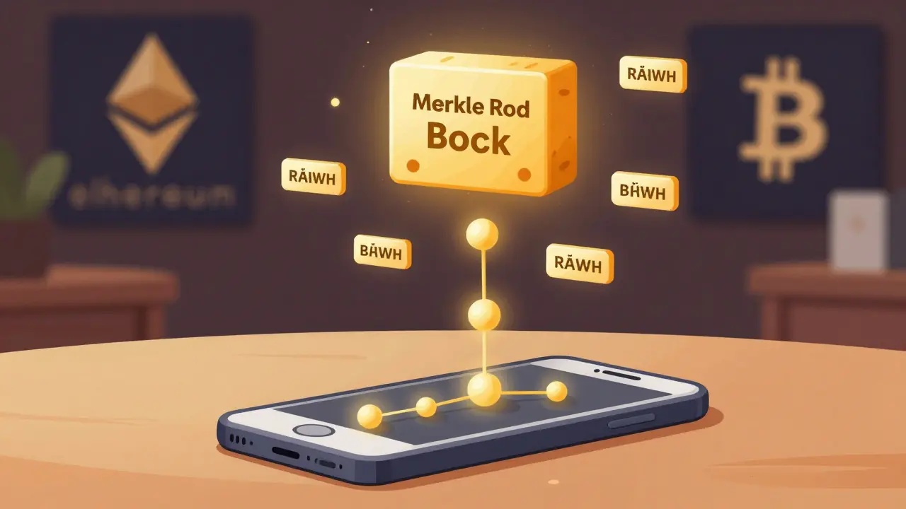 Smartphone wallet sending a proof path of hash nodes to a block header with Merkle Root highlighted.