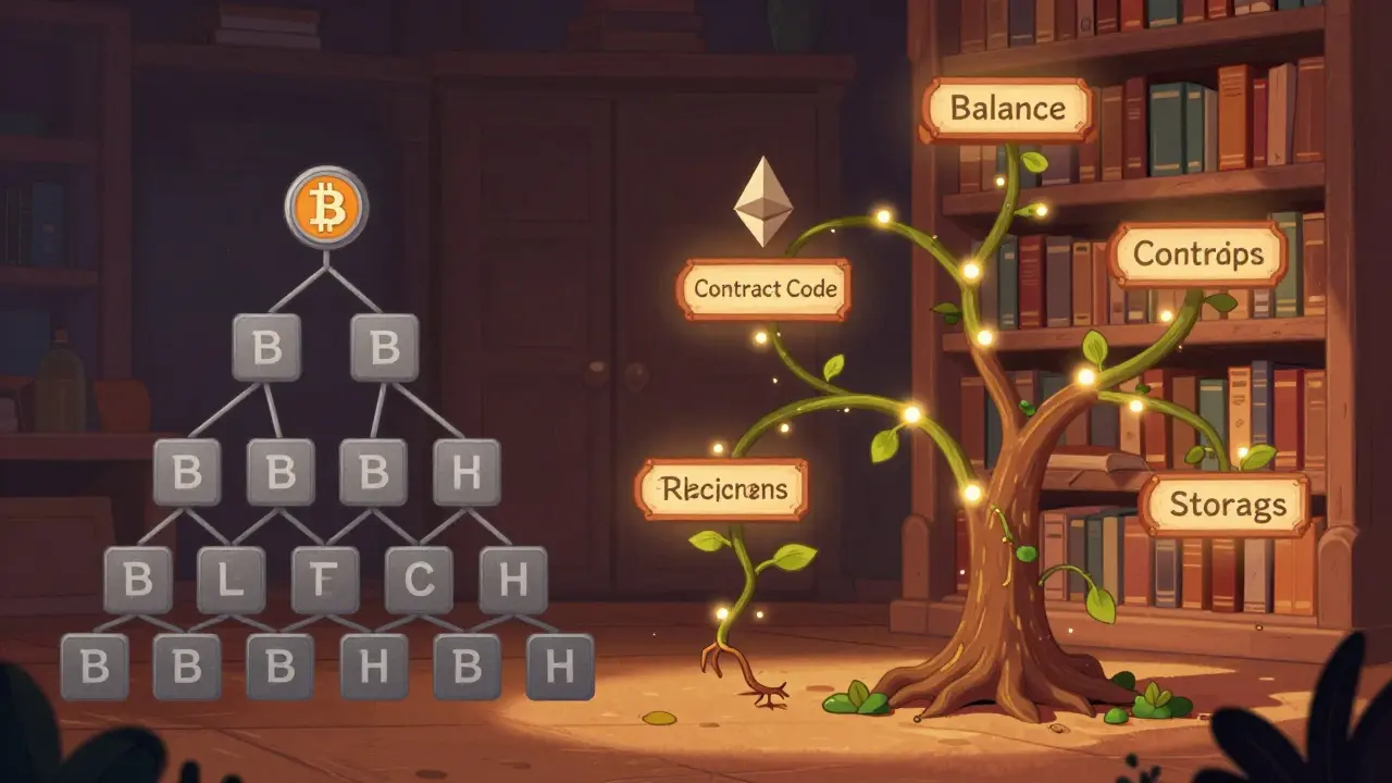 Split illustration: Bitcoin’s simple Merkle tree vs Ethereum’s living trie library with labeled books.