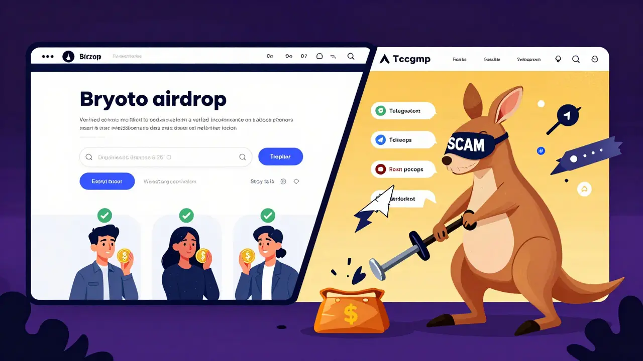 Split illustration comparing a legitimate crypto airdrop on the left to a chaotic scam site on the right.
