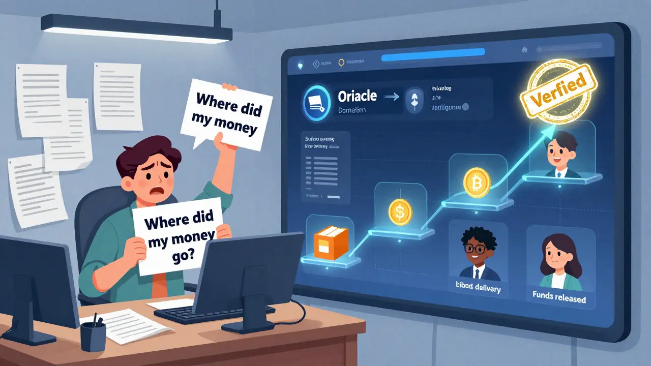 Split scene: chaotic traditional charity paperwork vs. clean digital dashboard tracking donation conditions in real time.