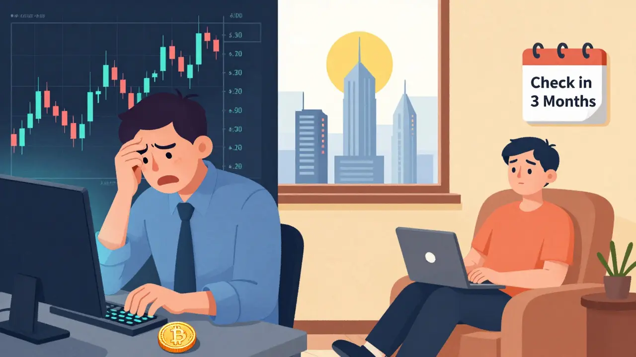 Split scene: frantic trader vs. calm HODLer in a peaceful room, symbolizing short-term panic versus long-term patience.