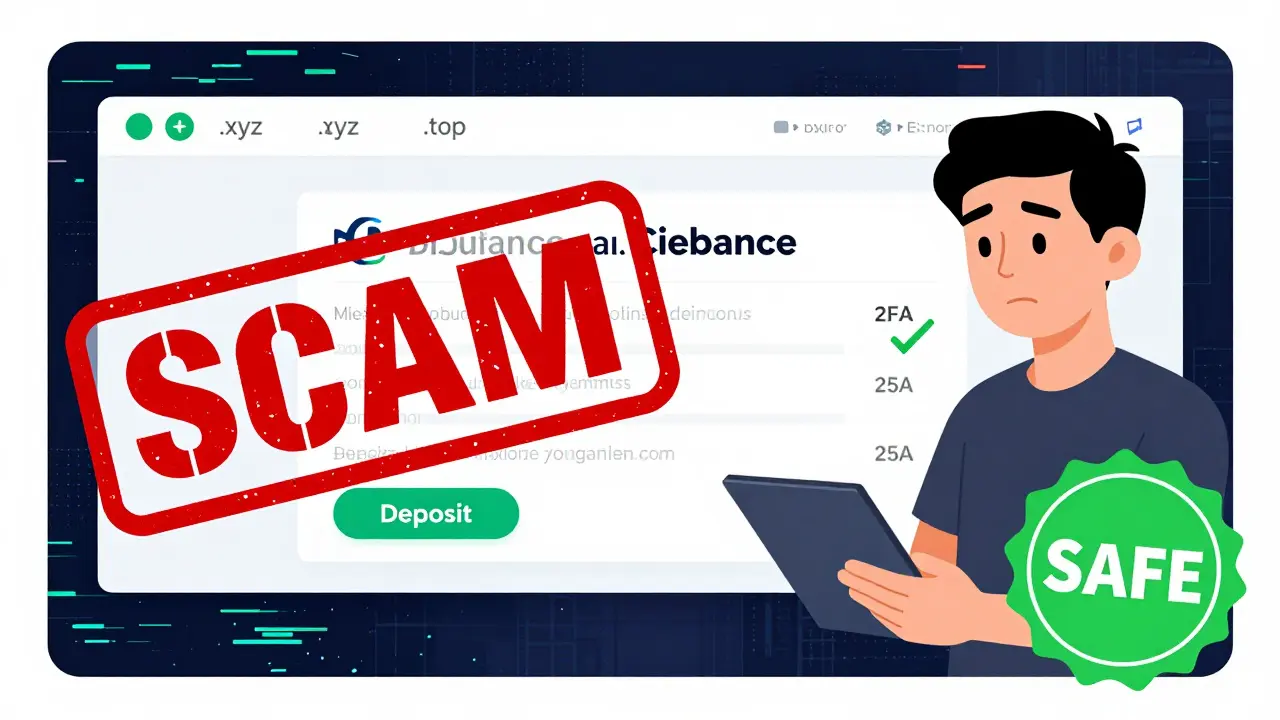 Split-screen contrast between a dangerous fake crypto site and a safe, verified exchange.