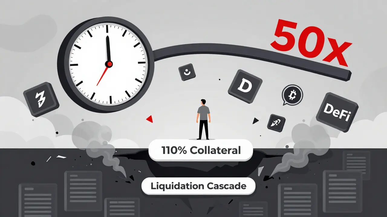 Trader standing on fragile collateral ledge as market collapses beneath them with giant 50x leveraged position looming.