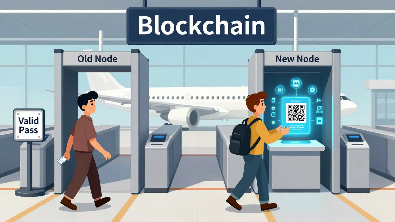 Two airport security lanes showing old and new blockchain nodes accepting the same transactions differently.