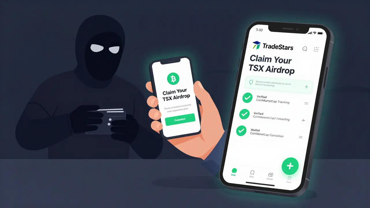 User comparing a fake airdrop scam on one phone to the official TradeStars app on another.