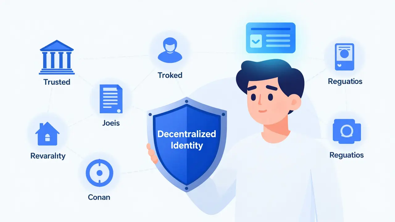 User protected by a decentralized identity shield, connecting securely to exchanges and regulators.