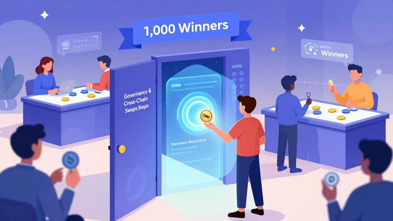 User unlocking DeFi features with CONV token in a futuristic fractional token marketplace.