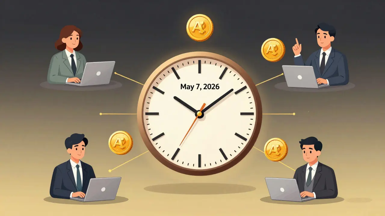 A clock labeled May 7, 2026, with ATA tokens unlocking in stages, surrounded by symbols of network participation.