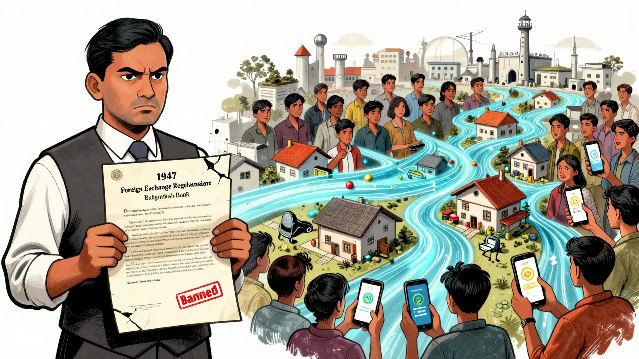 A contrast between outdated banking laws and widespread crypto use by youth, shown in surreal editorial illustration.