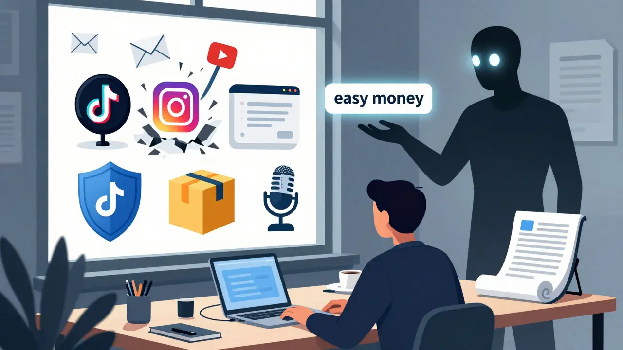 A creator balances four income streams while an AI figure offers a deceptive shortcut to easy money.