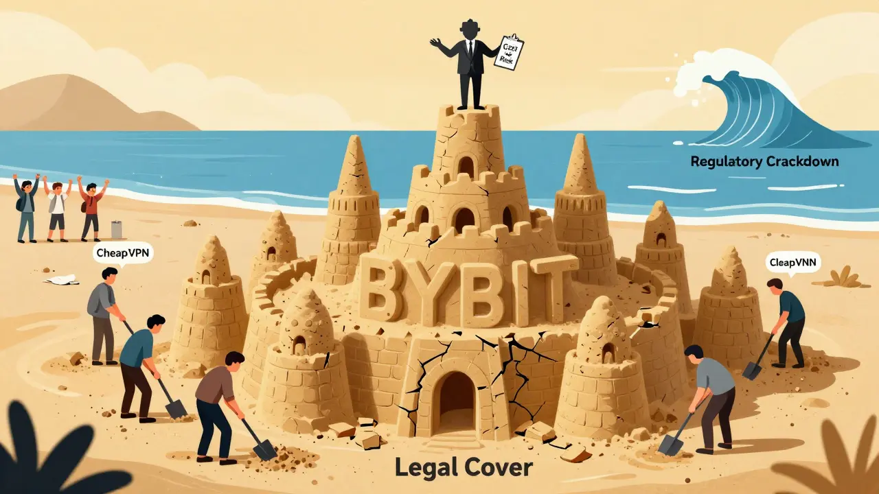 A crumbling sandcastle shaped like the Bybit logo being dug into by traders using VPNs as shovels, while a regulatory wave approaches.