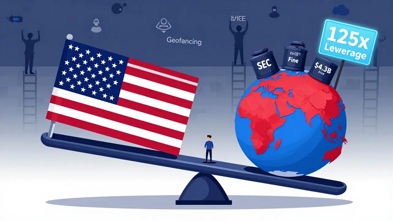 A digital scale tips under regulatory weights as traders use VPNs to bypass a geofencing wall toward high-leverage trading.