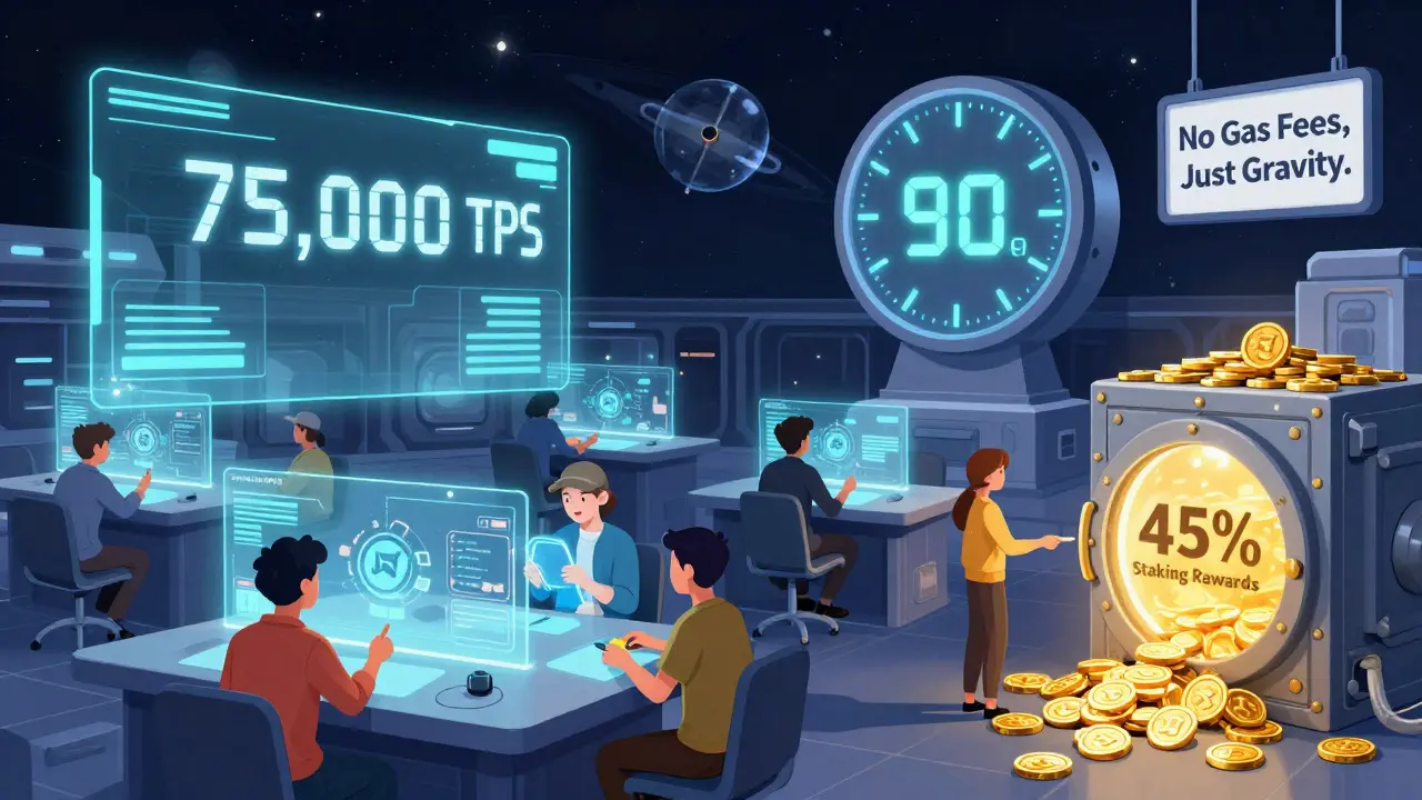 A futuristic space station trading floor with holographic screens showing high transaction speeds and a vault overflowing with ASTRO tokens.