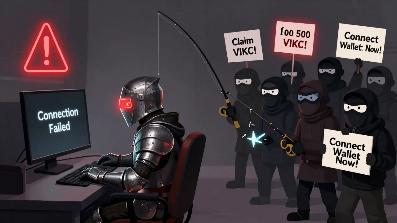 A gamer facing a black screen while scammers lure victims with fake VIKC airdrop offers.
