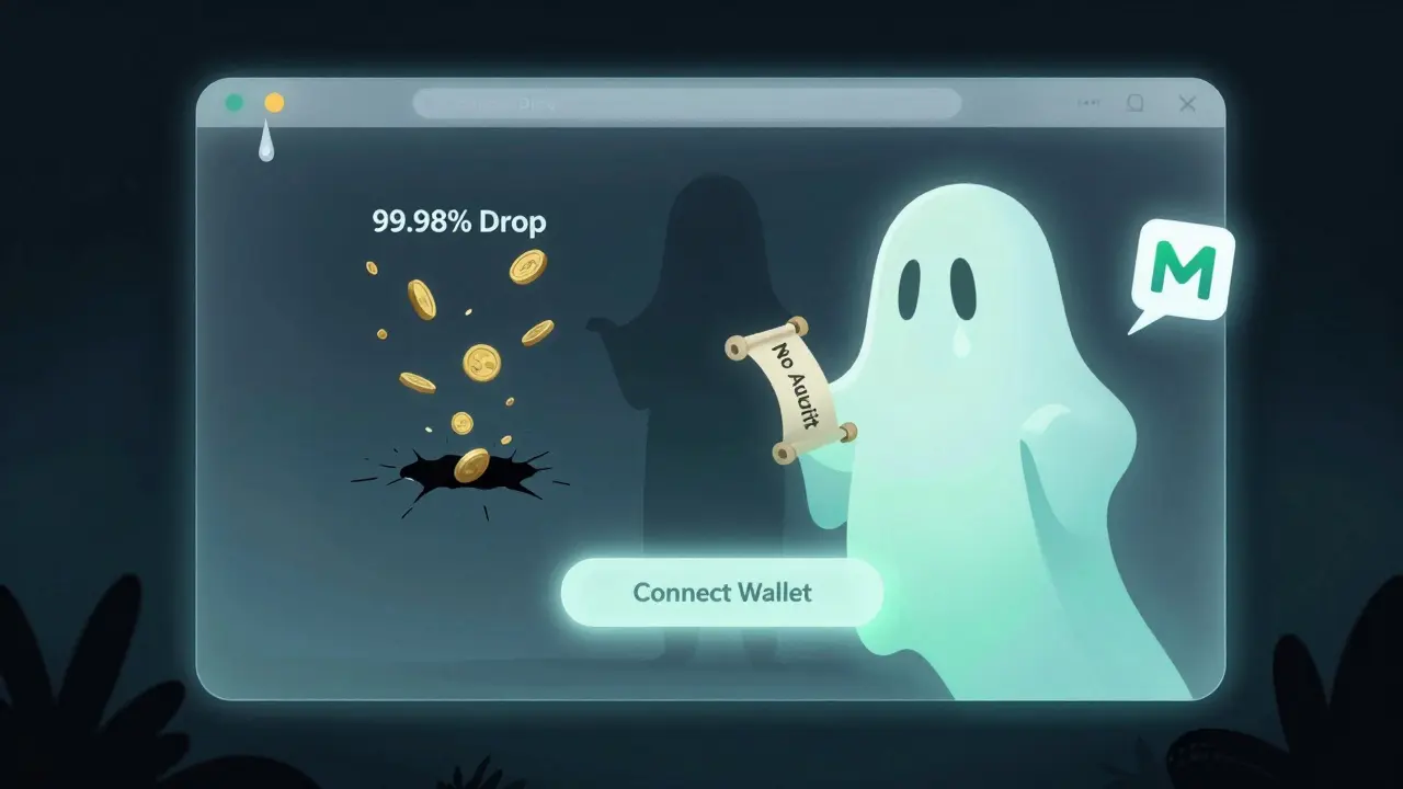 A ghostly PolkaBridge website interface with a 'Connect Wallet' button, coins vanishing into a black hole labeled '99.98% Drop'.
