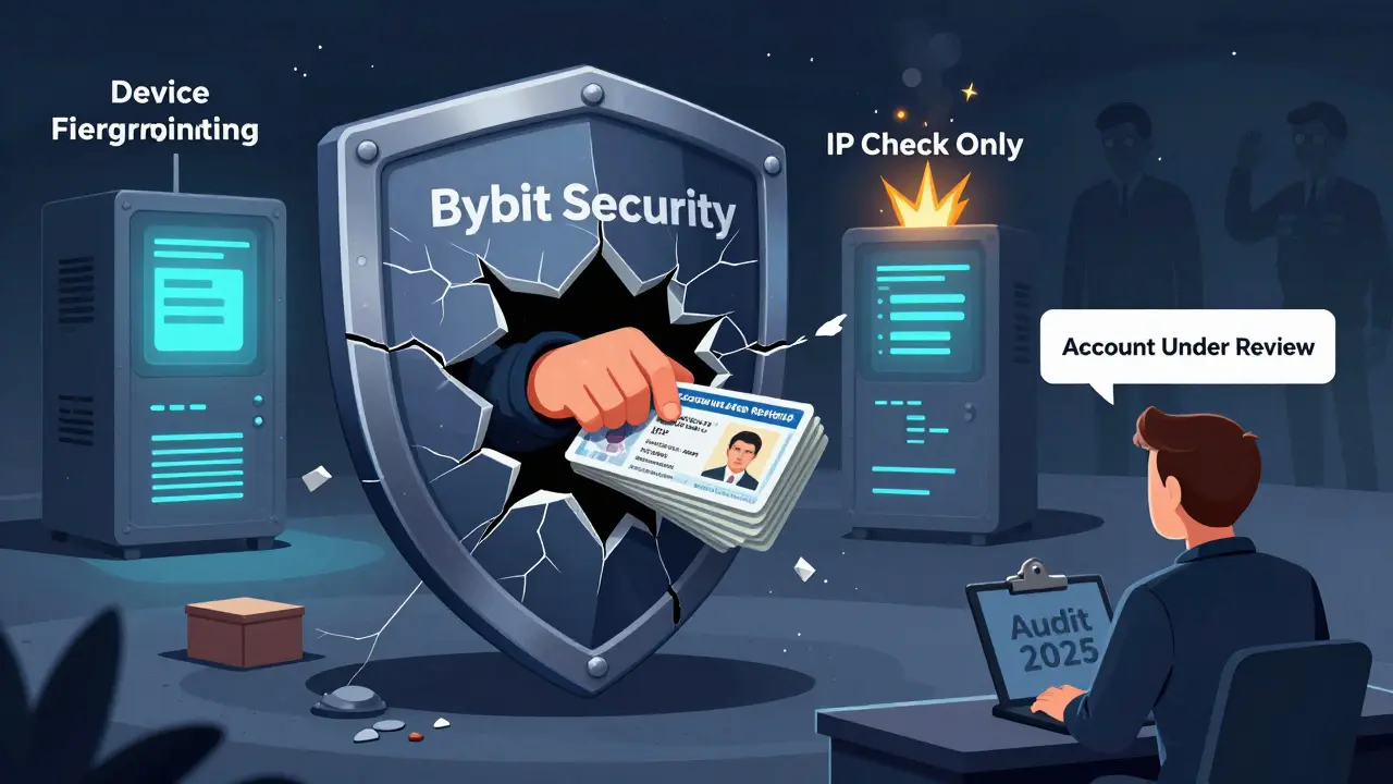 A hacker exploits a security gap in Bybit's system while outdated IP checking sputters, and a trader receives an account review notice.