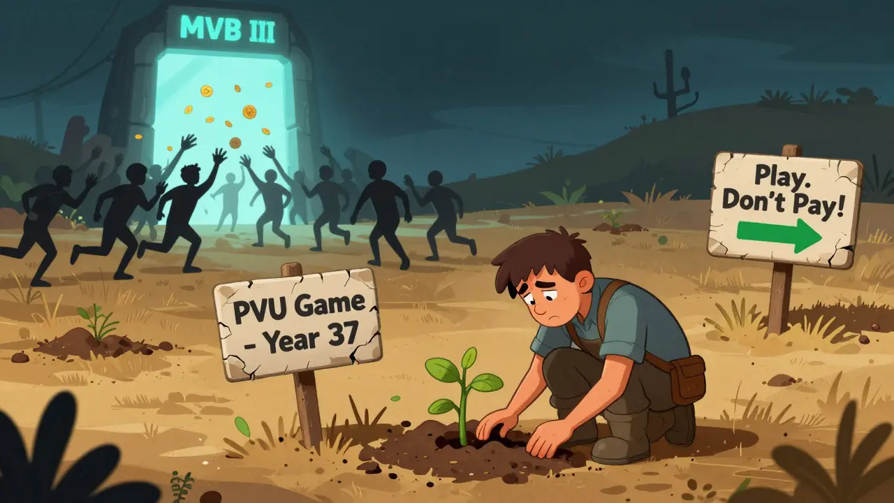 A lone gardener tending a small plant under a faded game sign, while shadowy figures rush toward a fake 'MVB III' portal in the distance.