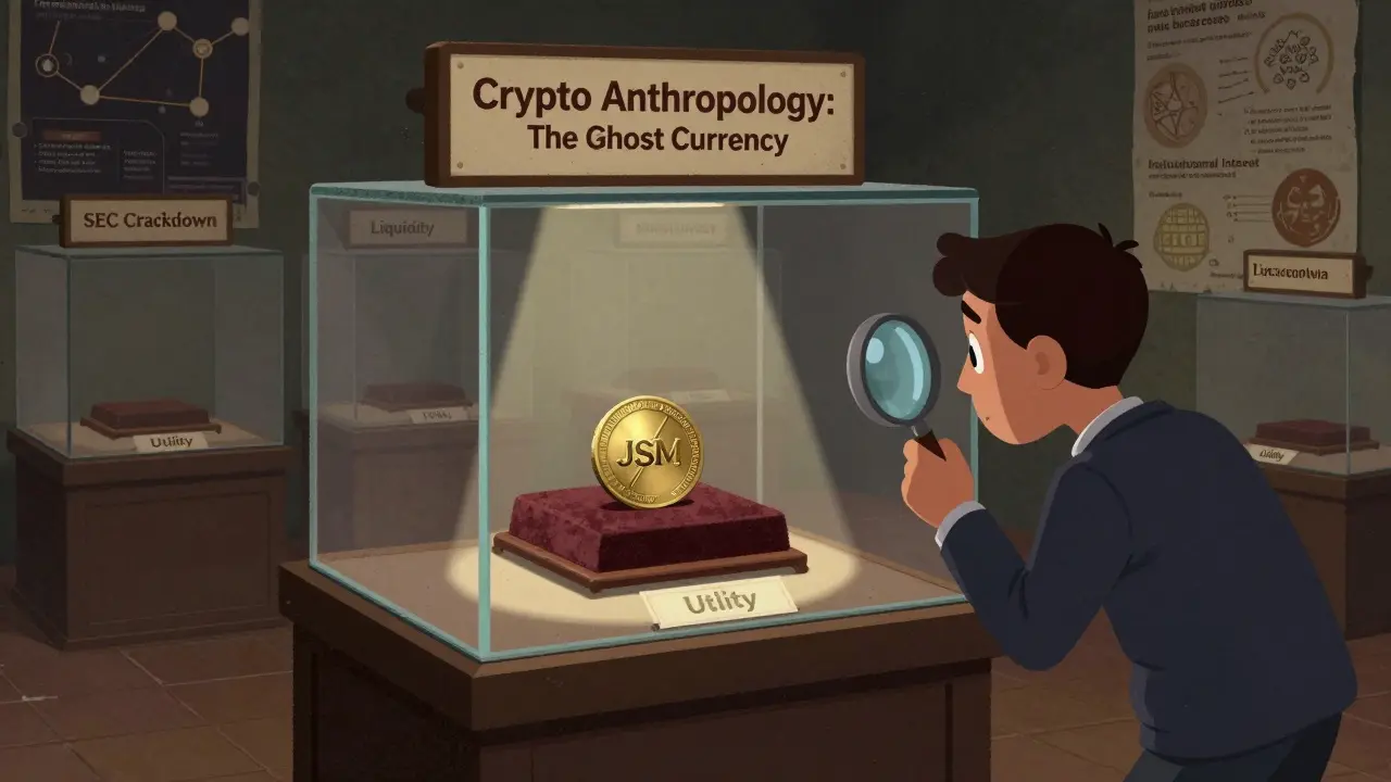 A museum exhibit displays a single JSM token under a spotlight, surrounded by empty labels of failed crypto hopes.