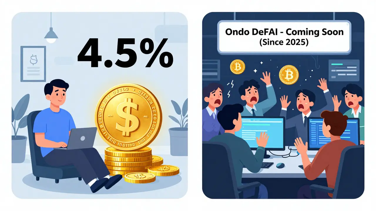 A peaceful user earns stable yield from U.S. Treasuries on one side, while chaos erupts in crypto markets on the other — Ondo DeFAI’s promise remains unfulfilled.