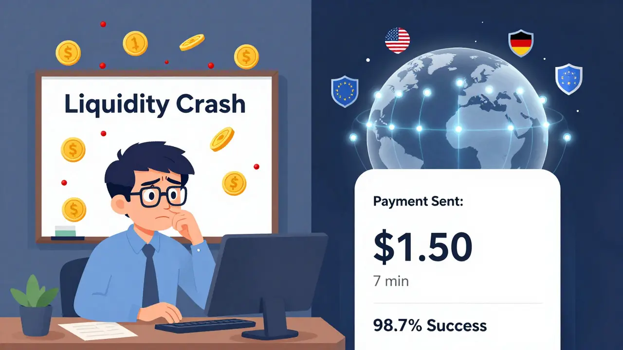 A split scene: one side shows a liquidity crisis with falling coins, the other shows a calm fintech payment confirmation with global stablecoin corridors glowing above.