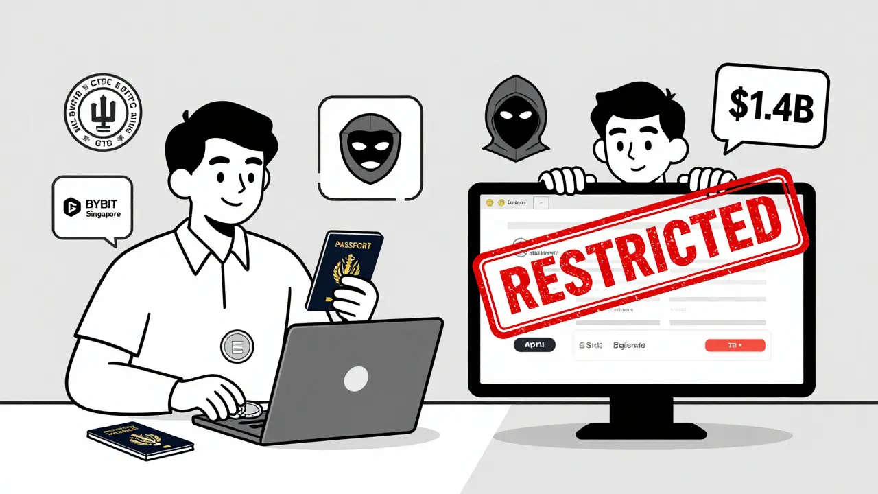 A trader happily using a VPN and fake ID to access Bybit, then suddenly seeing their account frozen with a red restriction stamp.
