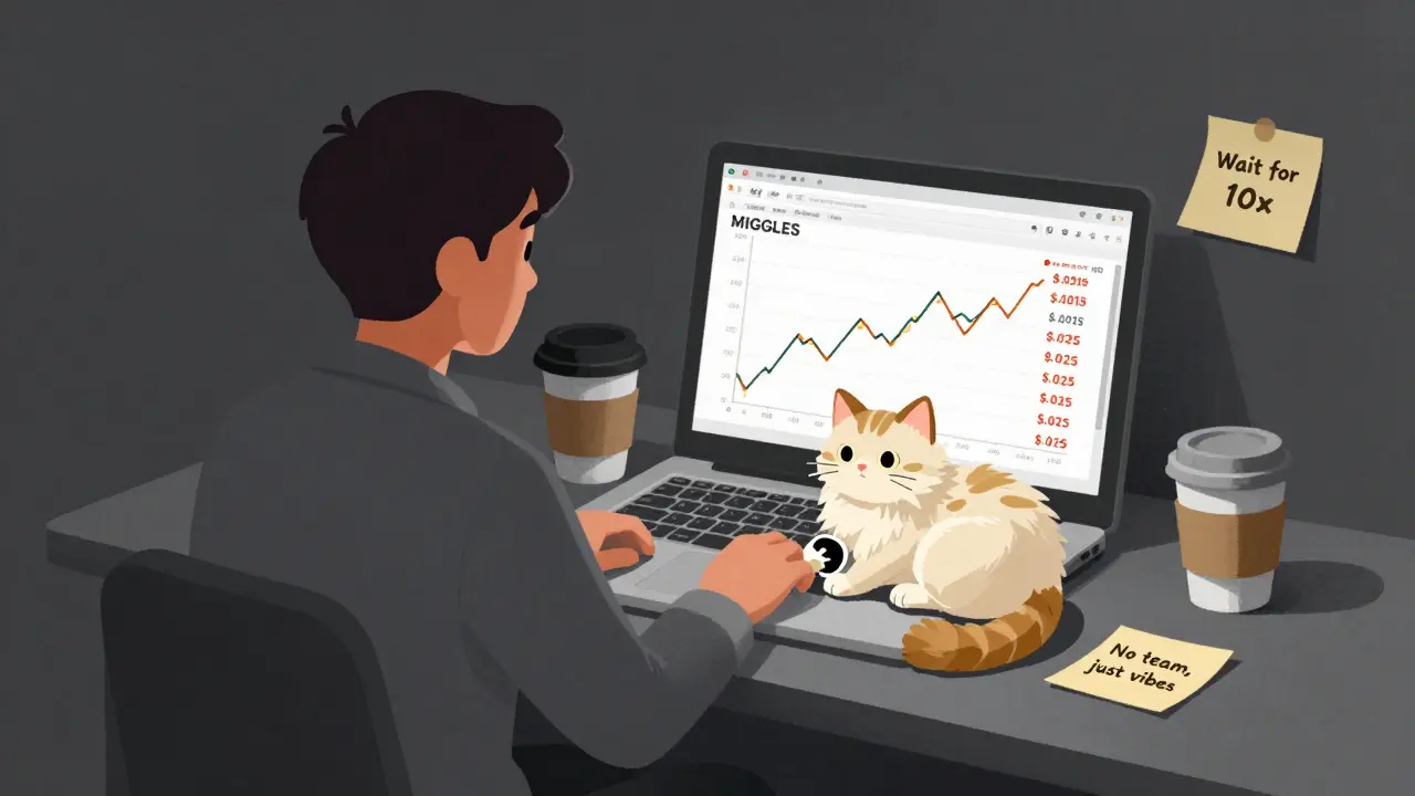 A trader stares at a price chart with a cat on the keyboard, surrounded by notes about MIGGLES speculation.