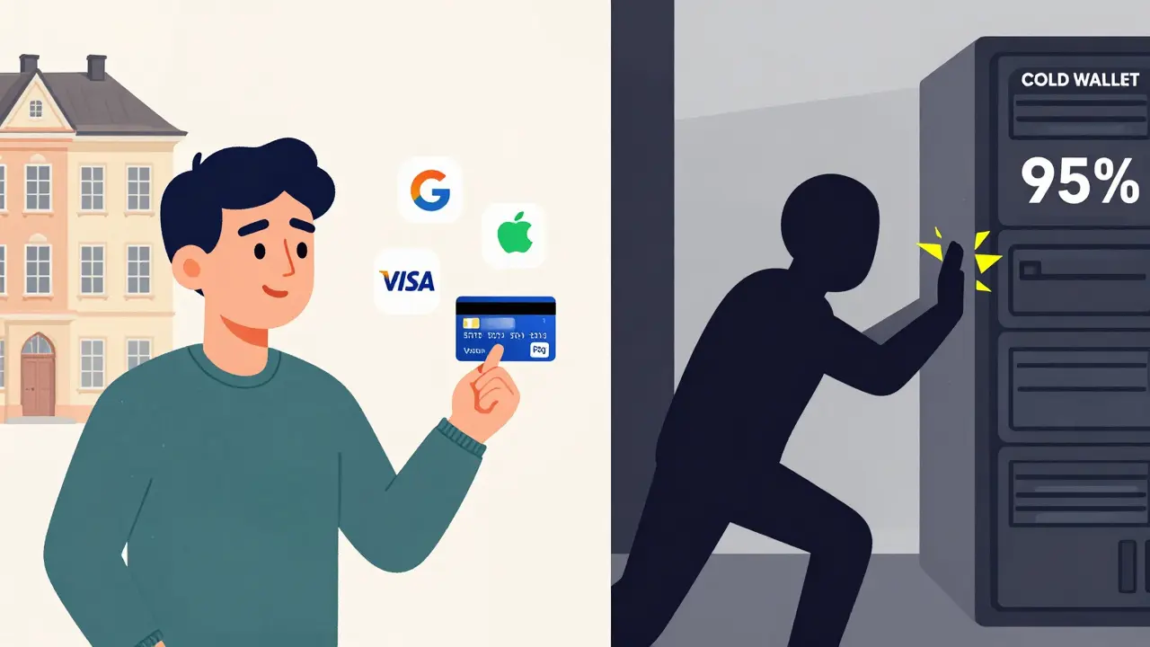 A user depositing fiat via credit card while a hacker fails to breach a cold wallet server.