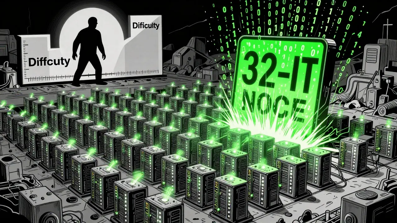 A vast mining farm with ASICs flashing in sync as a 32-bit nonce counter explodes into binary digits.