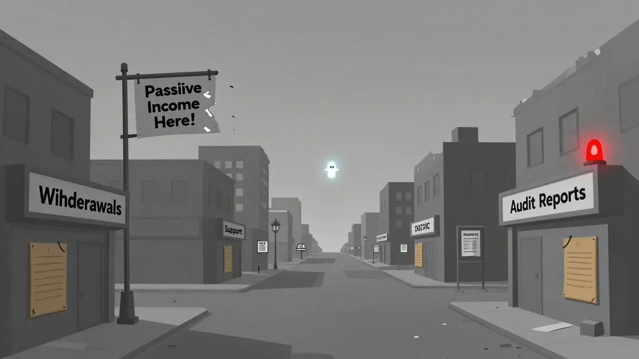 An abandoned digital town with boarded-up storefronts labeled 'Withdrawals' and 'Support' under a fading sign.