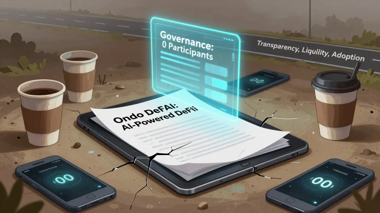 An abandoned whitepaper lies on a cracked tablet, surrounded by dead devices, as a flickering hologram of a voting ballot shows zero participants.