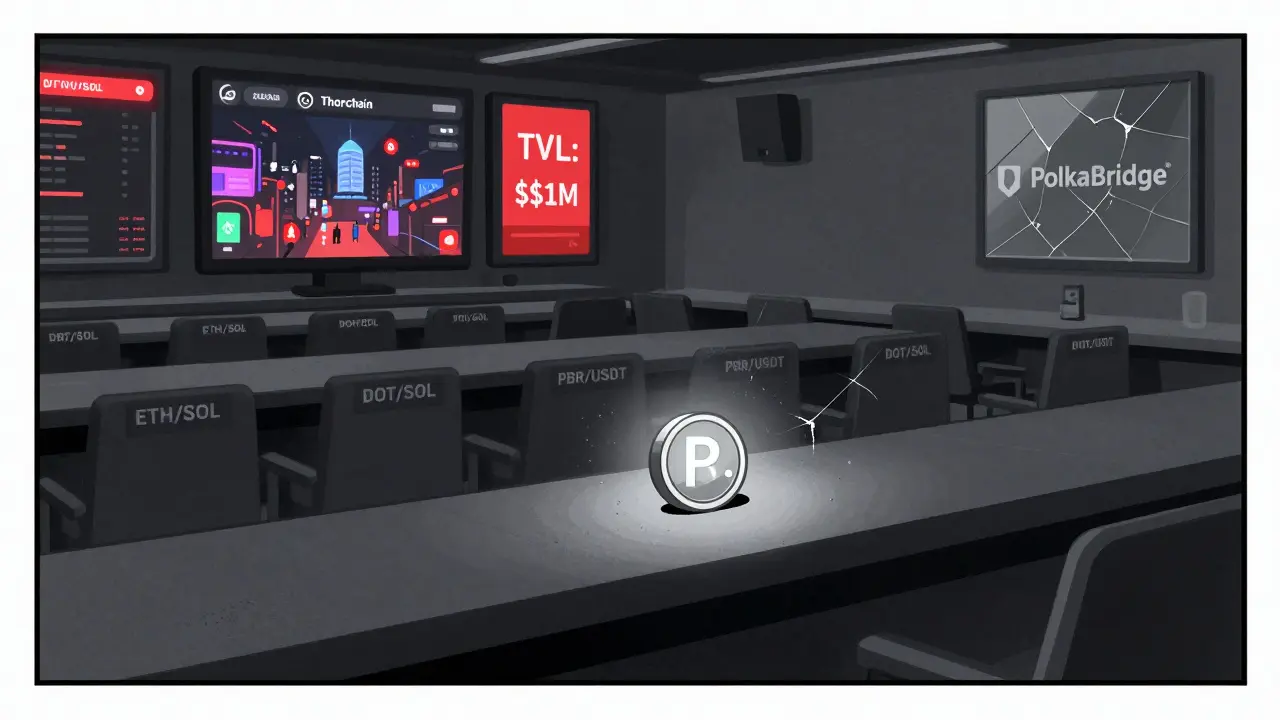 An empty crypto trading floor with one lonely PBR token surrounded by dust, while other exchanges glow brightly in the distance.