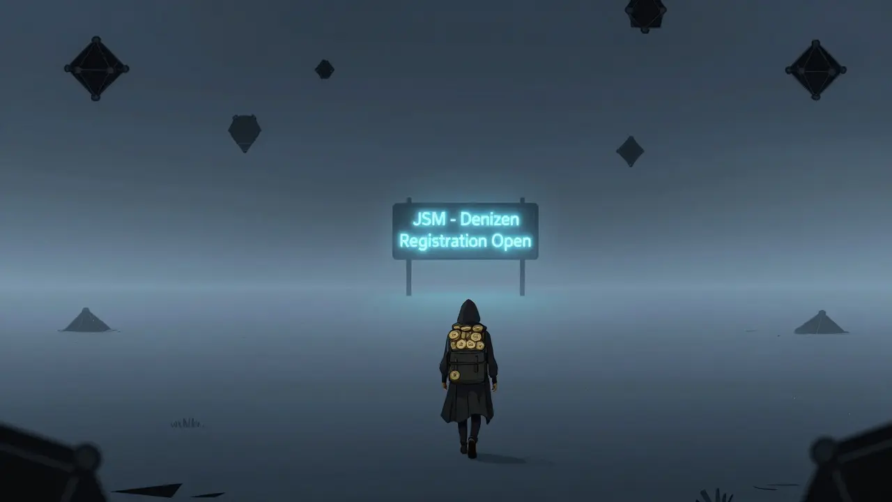 An empty digital landscape with a flickering neon sign for JSM as a lone figure walks away into the fog.