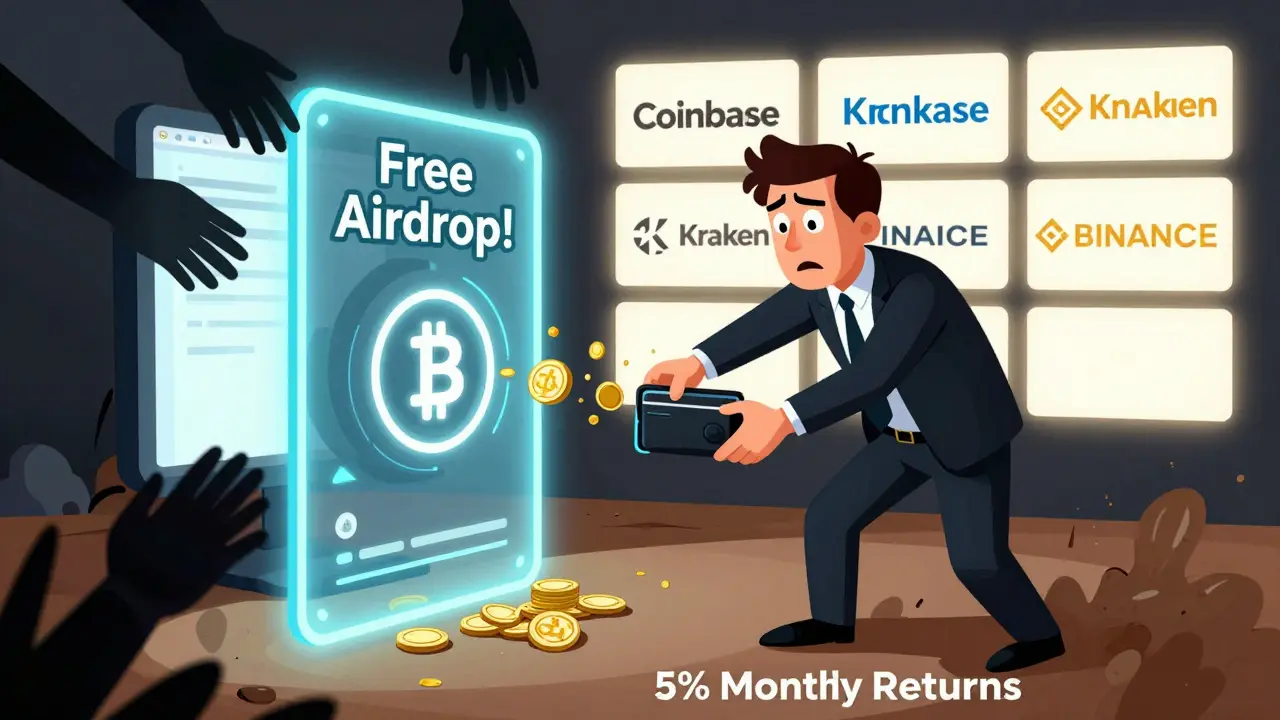 An investor connects their wallet to a sinister smart contract as shadowy hands drain their crypto funds.