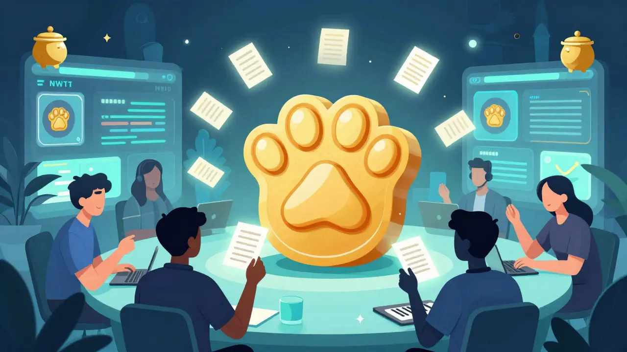 Anonymous creators vote around a cat-paw-shaped MIGGLES token in a decentralized marketplace scene.