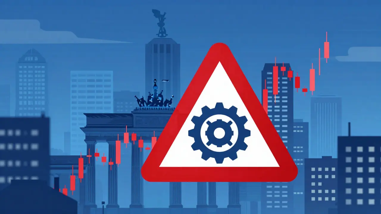 Berlin skyline with gear building and red warning over broken chart