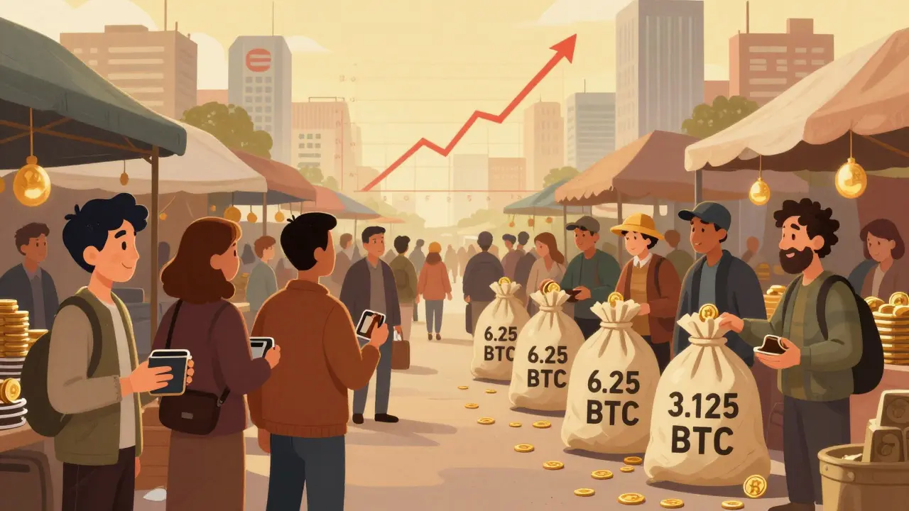 Buyers and miners in a marketplace as Bitcoin block rewards shrink from 6.25 to 3.125 BTC.