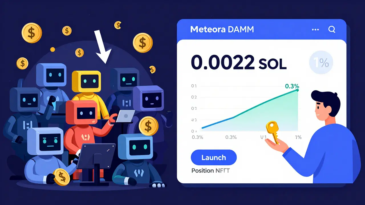 Contrasting chaotic bot sniping on a generic DEX with Meteora's calm, low-cost token launch interface.