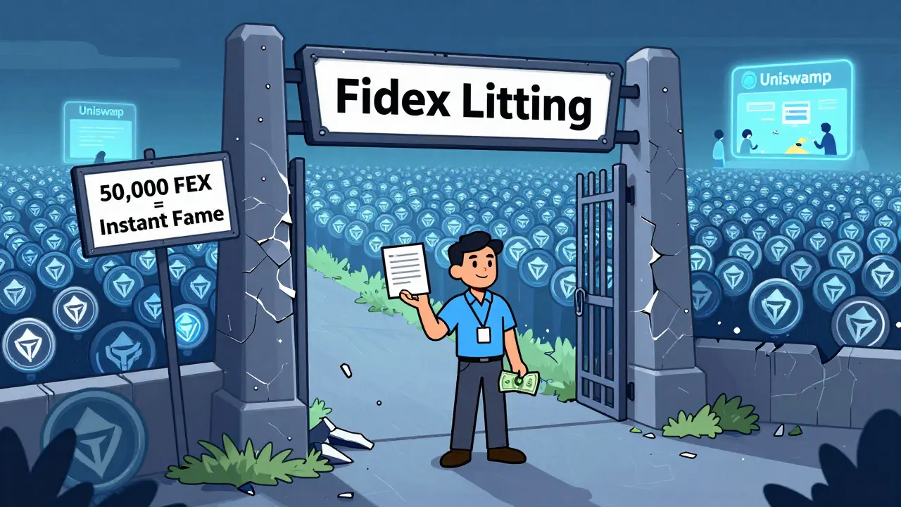 Developer paying to list a token on Fidex while a flood of cloned tokens rises behind them.