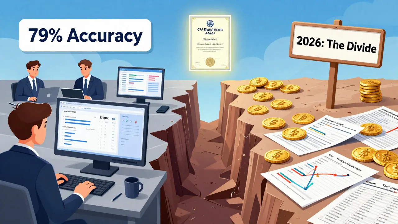 Institutional analysts use advanced tools on one side of a divide, while retail traders rely on basic charts on the other, with a CFA certificate in the distance.