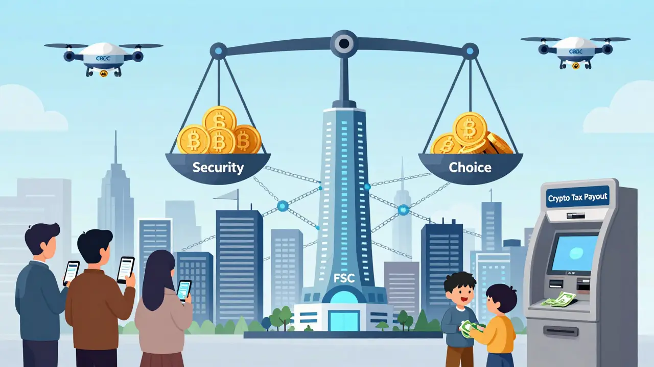 Korean city with government-controlled crypto system, balance scale between security and choice, CBDC drone flying overhead.