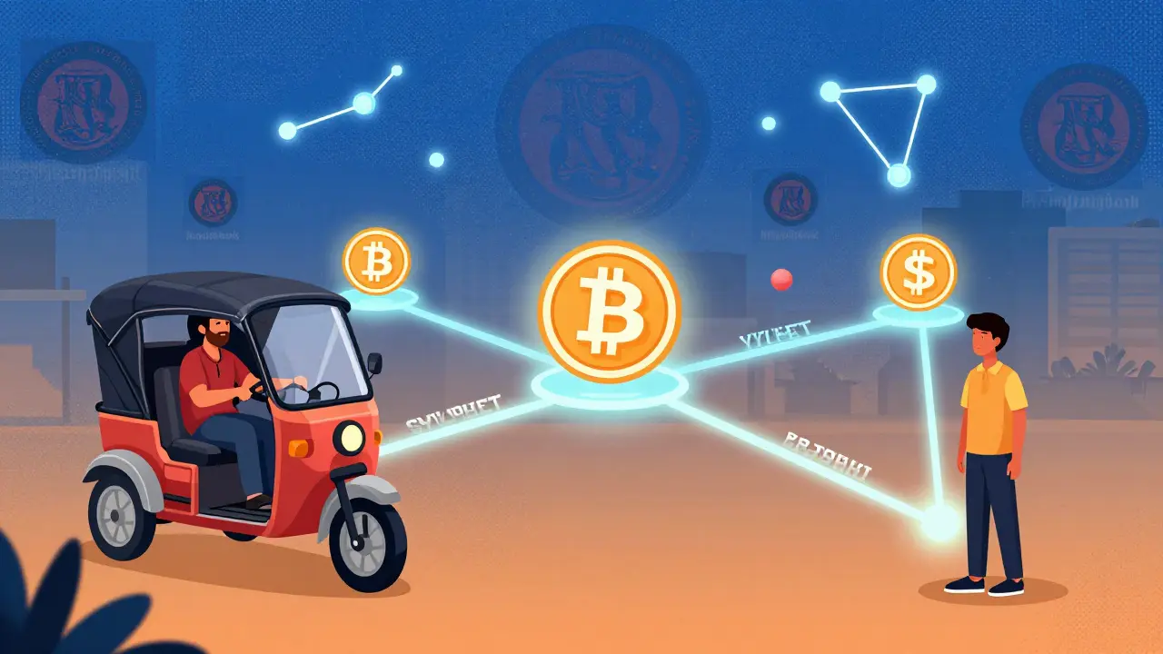 Local agents across Bangladesh connect through glowing digital crypto networks, symbolizing grassroots financial innovation.