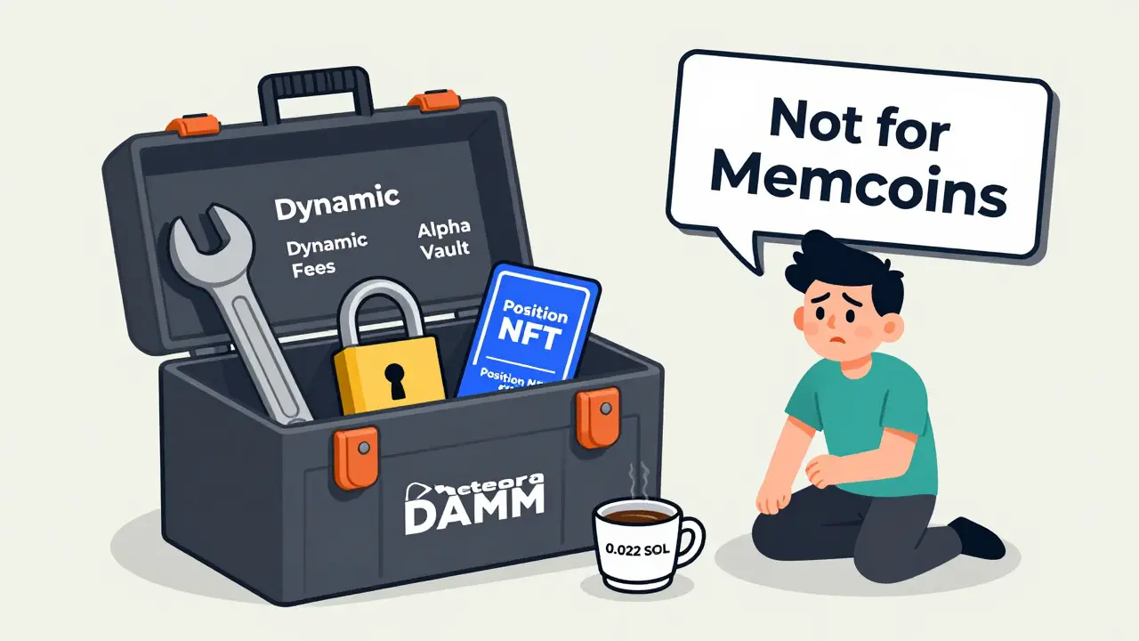 Meteora DAMM's specialized tools for memecoin creators, shown as a toolbox beside a confused trader using a different exchange.