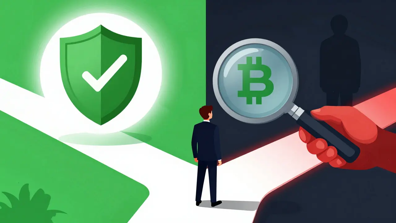 Person choosing safe path with verification symbols, avoiding scam risks